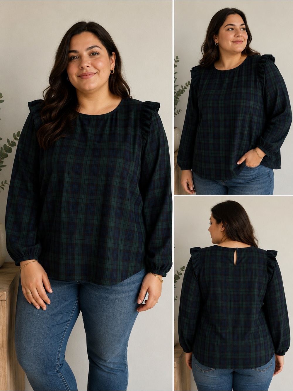 J.Crew Women’s XXL Plaid Ruffle Shoulder Blouse Navy Green Long Sleeve Top